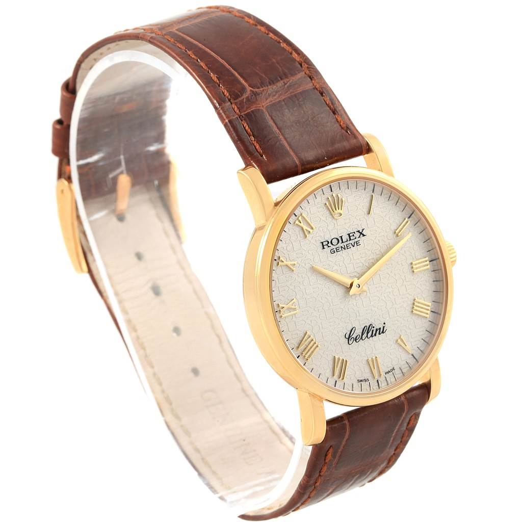 The image shows a Rolex Cellini 5115 Men's Yellow Gold Beige Dial 5115 Men's Yellow Gold Beige Dial watch from a side angle, highlighting the face, dial, hands, case, and brown leather strap.