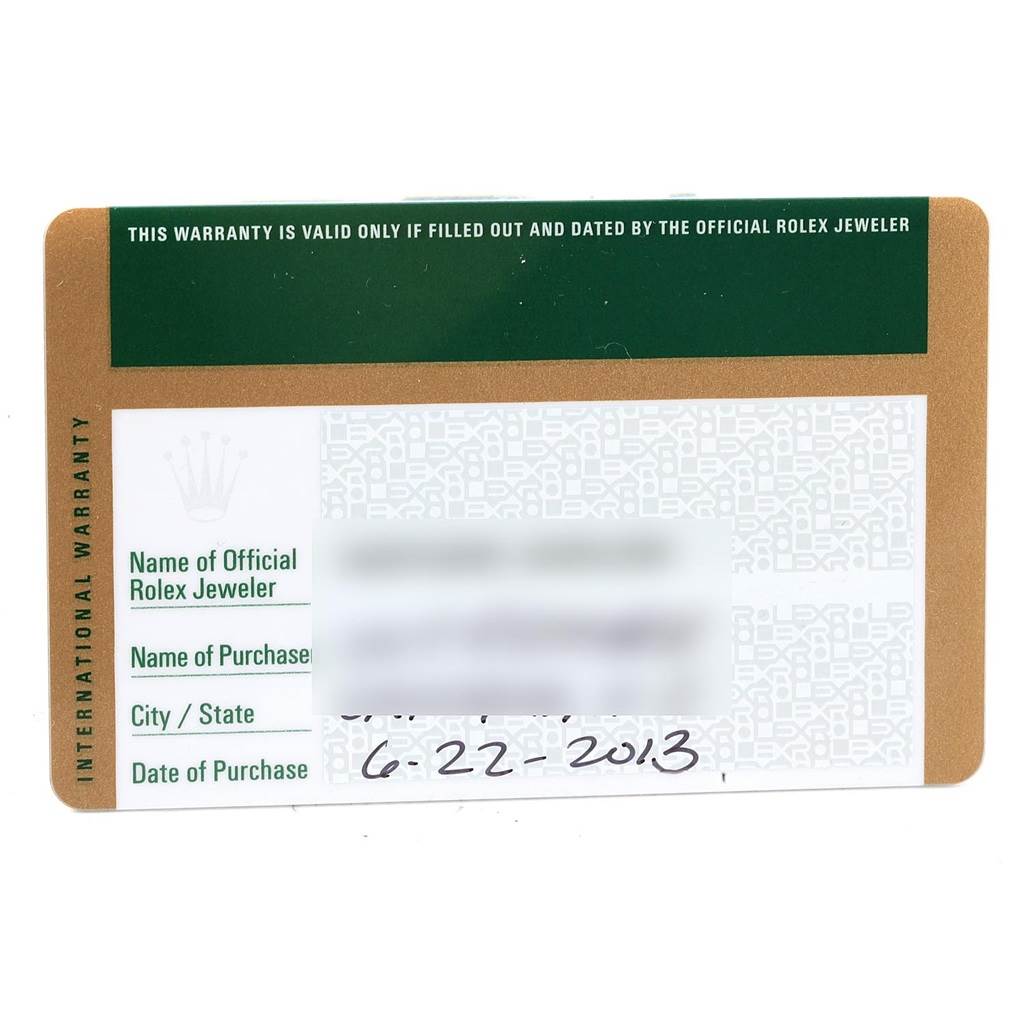 This is an International Warranty card for a Rolex Cellini 5115 Men's Yellow Gold Beige Dial 5115 Men's Yellow Gold Beige Dial watch, shown from a top-down angle.