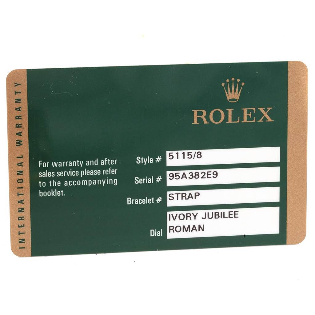 The image shows a warranty card for the Rolex Cellini 5115 Men's Yellow Gold Beige Dial 5115 Men's Yellow Gold Beige Dial watch, including style, serial, bracelet, and dial details.