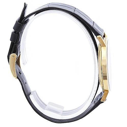 This image shows a side view of a Rolex Cellini 4112 Yellow Gold Champagne Dial 4112 Yellow Gold Champagne Dial watch, highlighting its black leather strap and gold case.