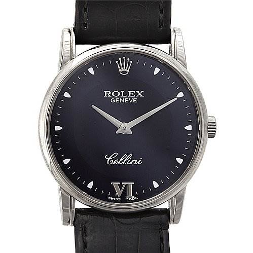 The image shows a front view of the Rolex Cellini 5116/9 White Gold Black Dial 5116/9 White Gold Black Dial watch, displaying the dial, hands, markers, crown, and part of the strap.