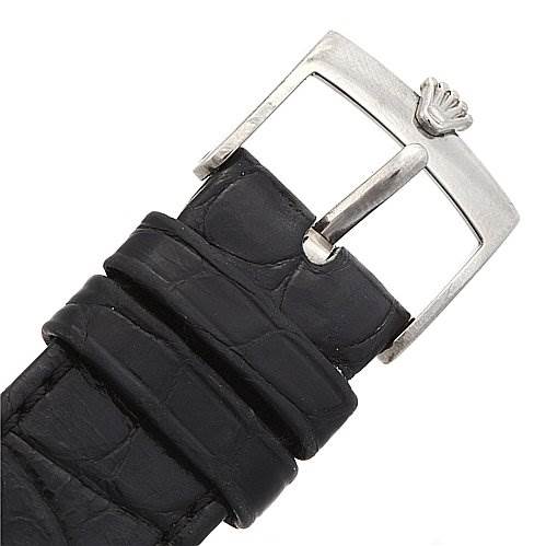 This is a close-up image showing the black leather strap and buckle of a Rolex Cellini 5116/9 White Gold Black Dial 5116/9 White Gold Black Dial watch.