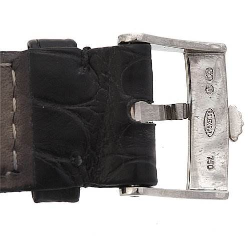 This image shows the buckle and part of the leather strap of the Rolex Cellini 5116/9 White Gold Black Dial 5116/9 White Gold Black Dial watch.