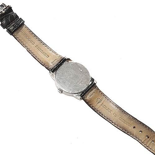 This image shows the back of a Rolex Cellini 5116/9 White Gold Black Dial 5116/9 White Gold Black Dial watch, focusing on the case back and leather strap from a straight-on angle.