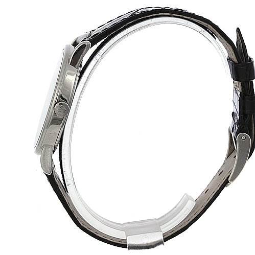 The image shows a side profile of a Rolex Cellini 5115/9 White Gold Black Dial 5115/9 White Gold Black Dial watch, highlighting the case, crown, and leather strap with a buckle.