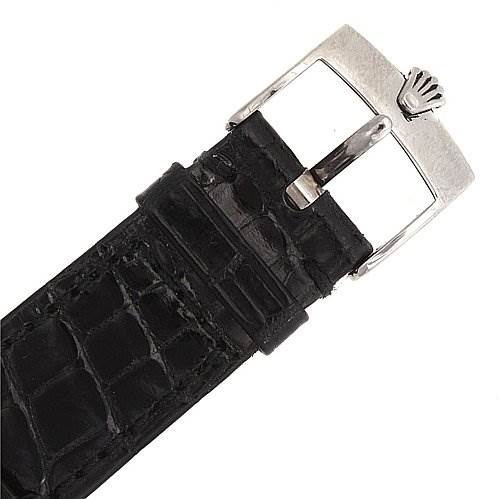 The image shows the clasp and buckle of a leather strap for a Rolex Cellini 5115/9 White Gold Black Dial 5115/9 White Gold Black Dial watch.