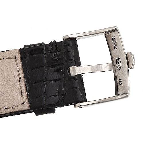 The image shows a close-up of the buckle and strap of a Rolex Cellini 5115/9 White Gold Black Dial 5115/9 White Gold Black Dial watch, viewed from an overhead angle.