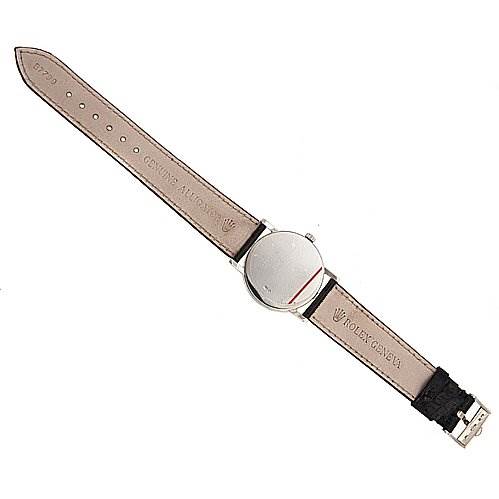 The image shows the back of a Rolex Cellini 5115/9 White Gold Black Dial 5115/9 White Gold Black Dial watch, displaying the leather strap and case back at a top-down angle.