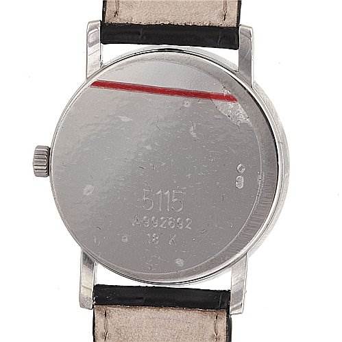 This image shows the back view of a Rolex Cellini 5115/9 White Gold Black Dial 5115/9 White Gold Black Dial watch, including the case back, lugs, and part of the leather strap.