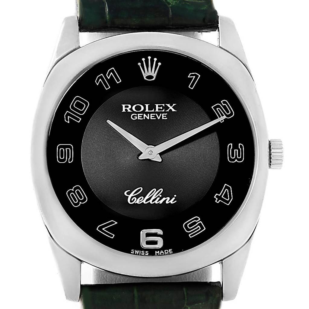 The image shows a front view of a Rolex Cellini 4233 Men's White Gold Black Dial 4233 Men's White Gold Black Dial watch, including its dial, case, and part of the strap.
