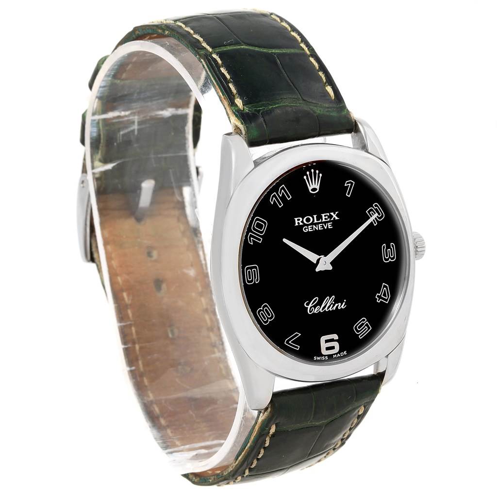 The Rolex Cellini 4233 Men's White Gold Black Dial 4233 Men's White Gold Black Dial watch is shown at a slight angle, featuring the face, case, black dial, and leather strap.