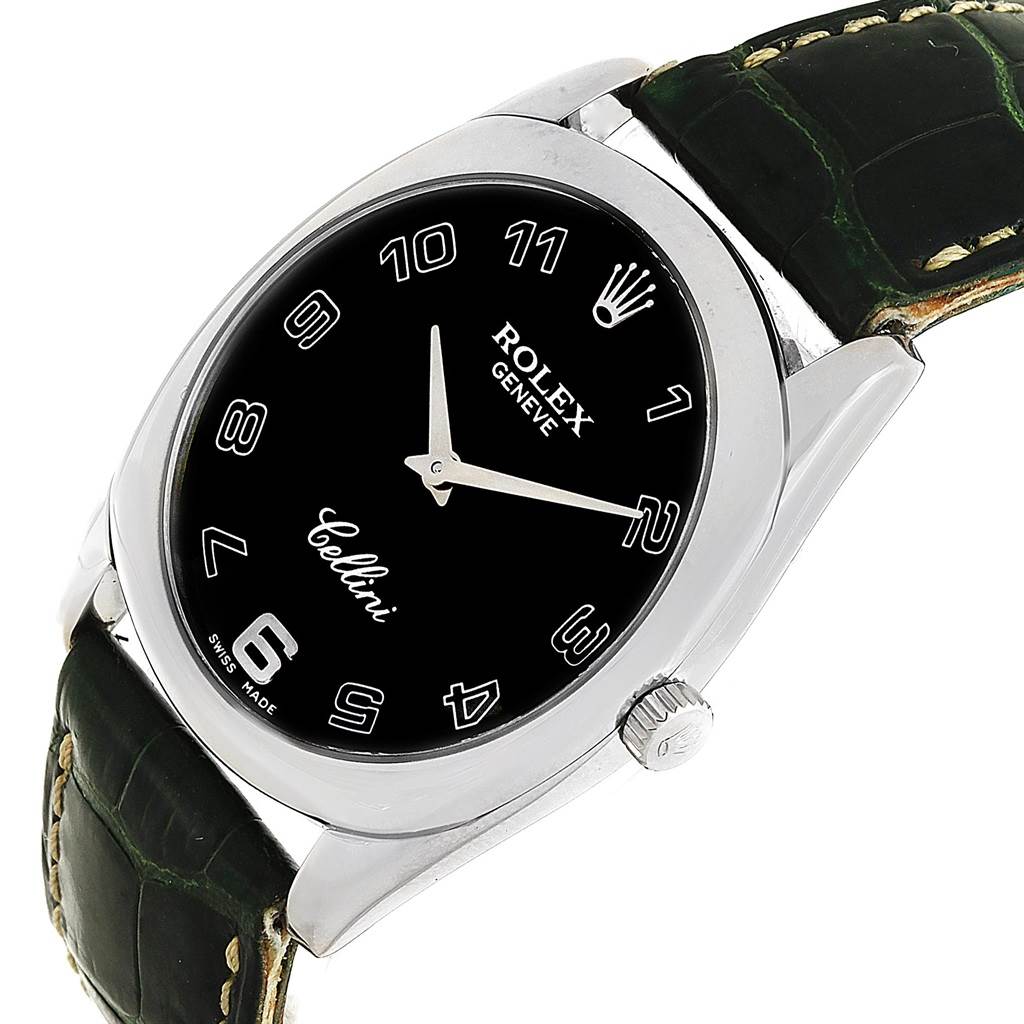 This image shows a close-up of the Rolex Cellini 4233 Men's White Gold Black Dial 4233 Men's White Gold Black Dial watch face, crown, and part of the leather strap.