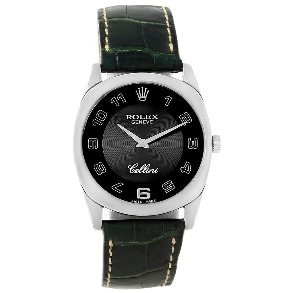 The image shows a front view of a Rolex Cellini 4233 Men's White Gold Black Dial 4233 Men's White Gold Black Dial watch, displaying the face, hands, and leather strap.