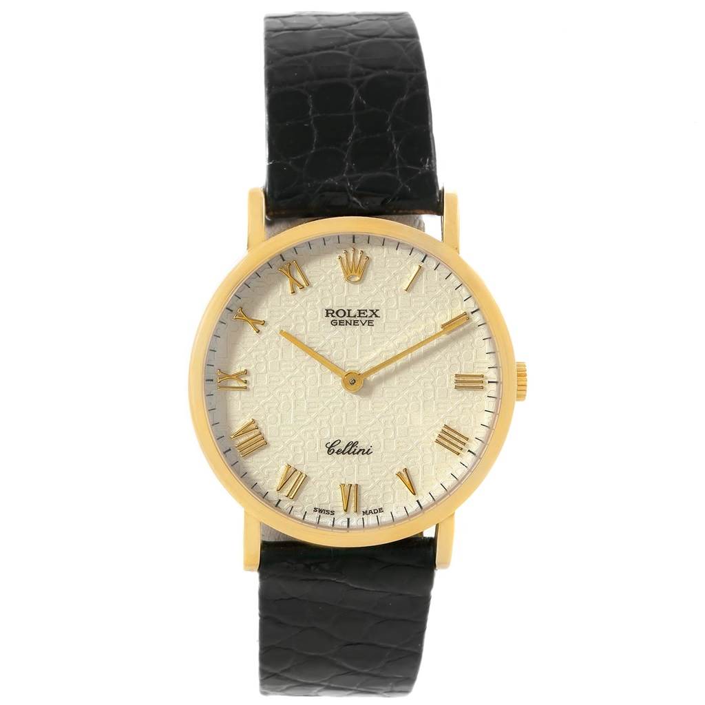 The image shows a Rolex Cellini 5112 Men's Yellow Gold Beige Dial 5112 Men's Yellow Gold Beige Dial watch from a front view, highlighting its gold case, Roman numeral dial, and black leather strap.