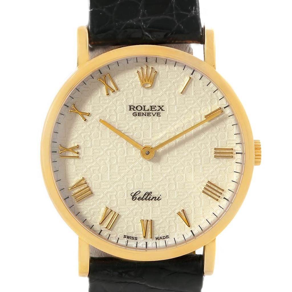 This image shows a Rolex Cellini 5112 Men's Yellow Gold Beige Dial 5112 Men's Yellow Gold Beige Dial watch from a front angle, displaying its dial, hour markers, hands, and part of the strap.