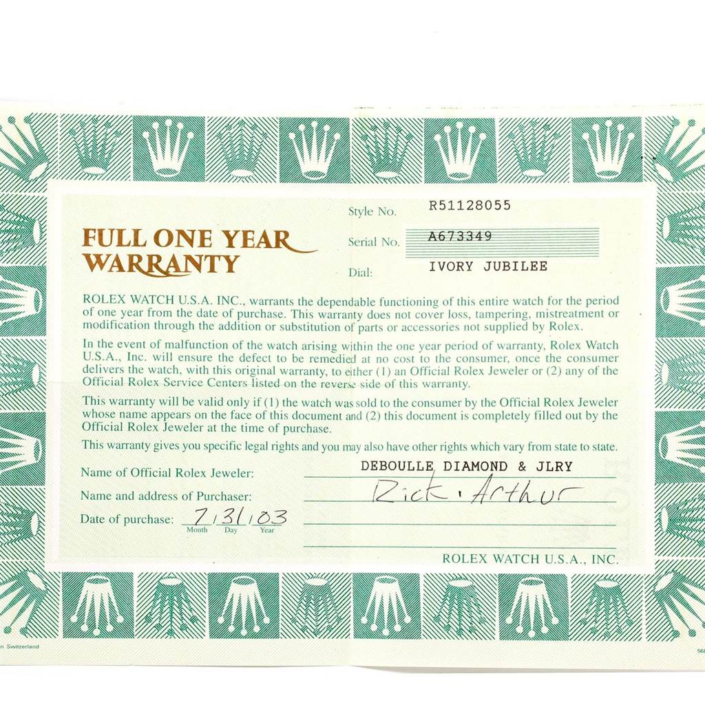 The image shows a full one-year warranty card for a Rolex Cellini 5112 Men's Yellow Gold Beige Dial 5112 Men's Yellow Gold Beige Dial watch with details such as the serial number and date of purchase.