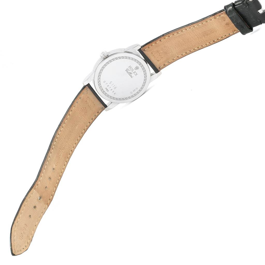 The image shows the back case and leather strap of a Rolex Cellini 5116 Men's White Gold Brown Dial 5116 Men's White Gold Brown Dial watch from a rear angle.