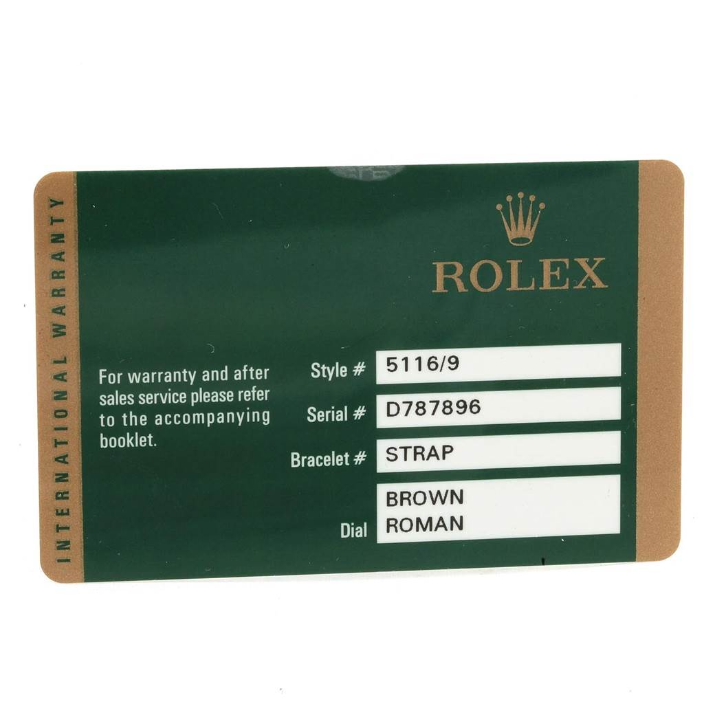 This image shows the International Warranty card for a Rolex Cellini 5116 Men's White Gold Brown Dial 5116 Men's White Gold Brown Dial watch, including Style # and Serial #, Bracelet, and Dial details.