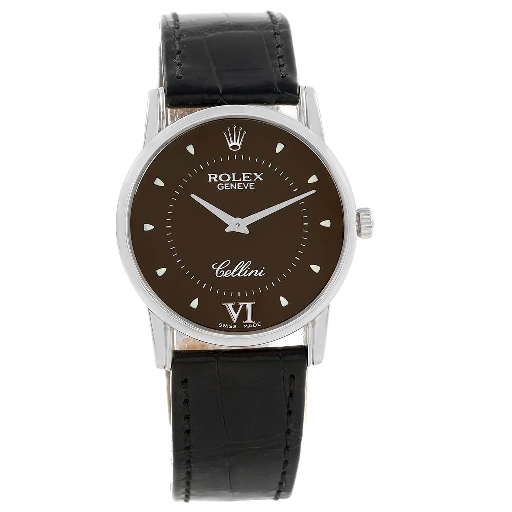 This image shows a front view of the Rolex Cellini 5116 Men's White Gold Brown Dial 5116 Men's White Gold Brown Dial watch, displaying its dial, leather strap, and crown.