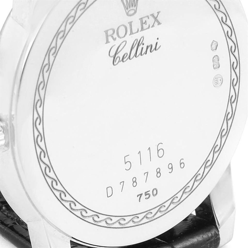 The image shows the back of a Rolex Cellini 5116 Men's White Gold Brown Dial 5116 Men's White Gold Brown Dial watch displaying engraved model and serial numbers.
