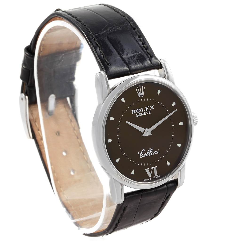 The image shows a Rolex Cellini 5116 Men's White Gold Brown Dial 5116 Men's White Gold Brown Dial watch at a three-quarter angle, displaying its black leather strap and detailed watch face.
