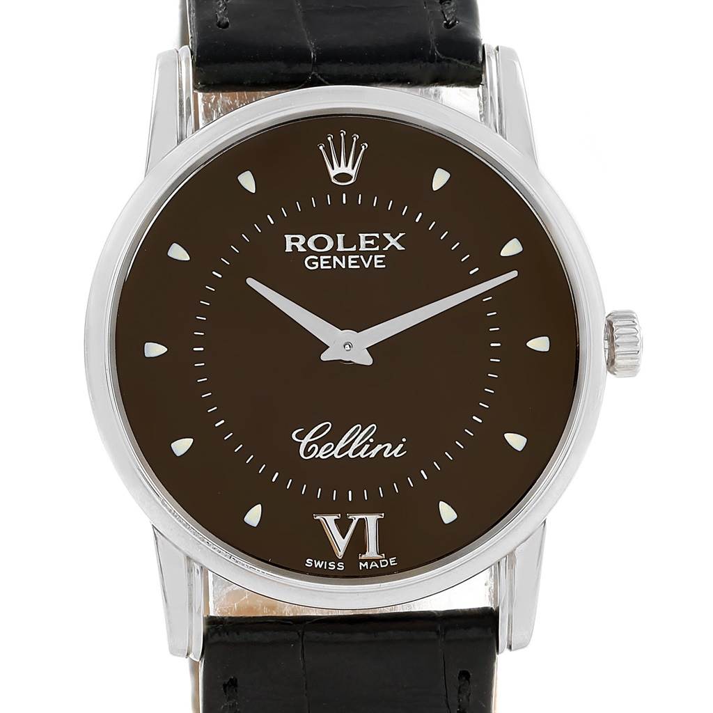 The image shows a front view of a Rolex Cellini 5116 Men's White Gold Brown Dial 5116 Men's White Gold Brown Dial watch, displaying the dial, hands, crown, and part of the leather strap.