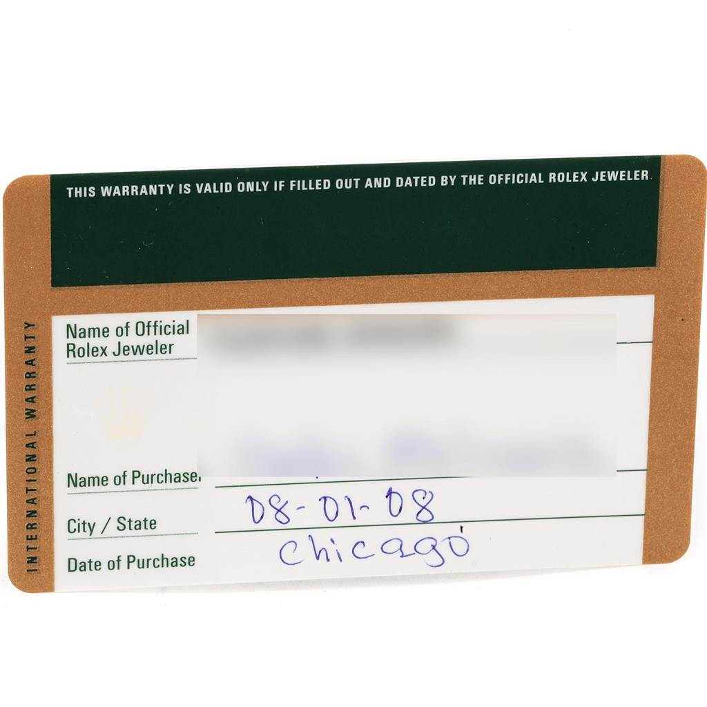 This image shows the warranty card for a Rolex Cellini 5116 Men's White Gold Brown Dial 5116 Men's White Gold Brown Dial watch, provided by an official Rolex jeweler.