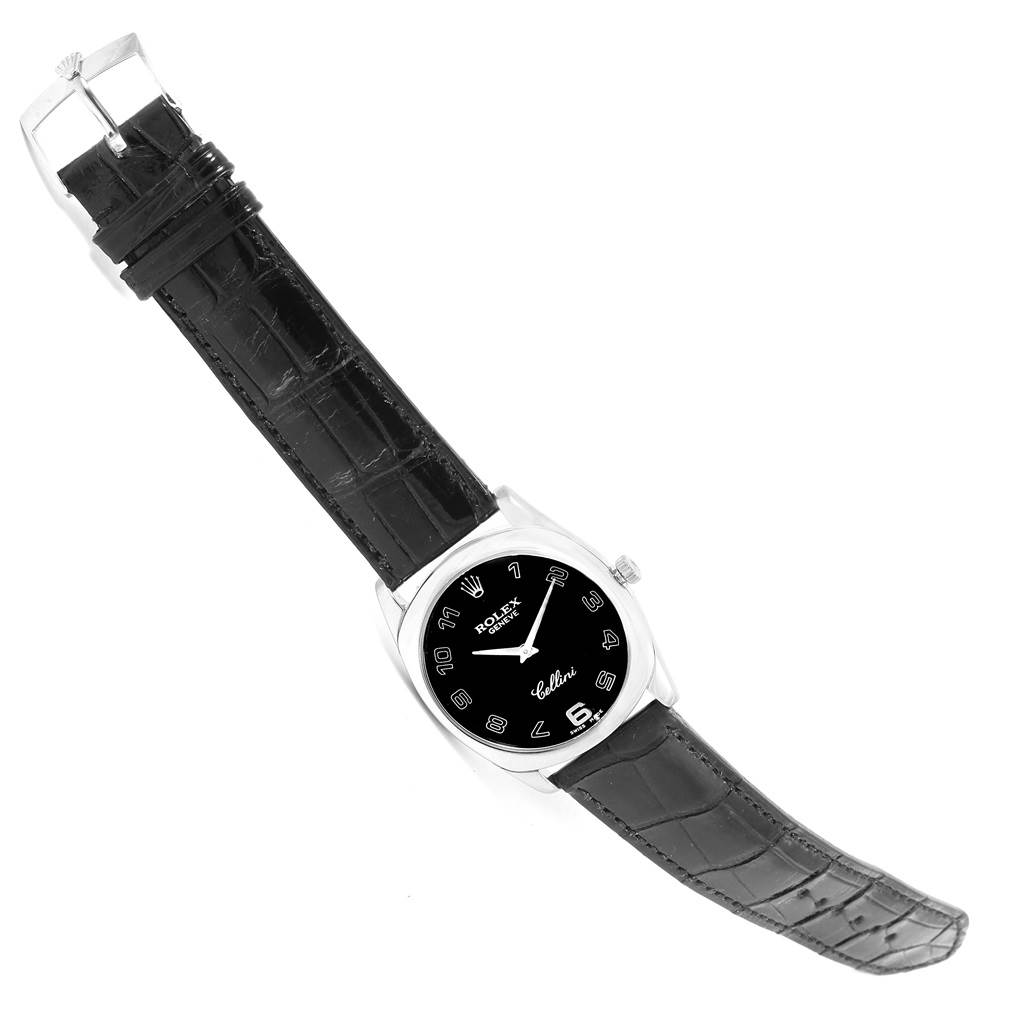 The image shows a top-down view of a Rolex Cellini 4233 Men's White Gold Black Dial 4233 Men's White Gold Black Dial watch with a black leather strap and a black dial.