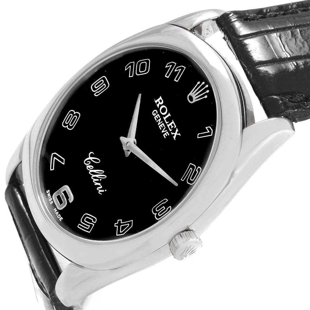 This image shows a close-up side angle of the Rolex Cellini 4233 Men's White Gold Black Dial 4233 Men's White Gold Black Dial watch, highlighting the dial, crown, case, and part of the strap.