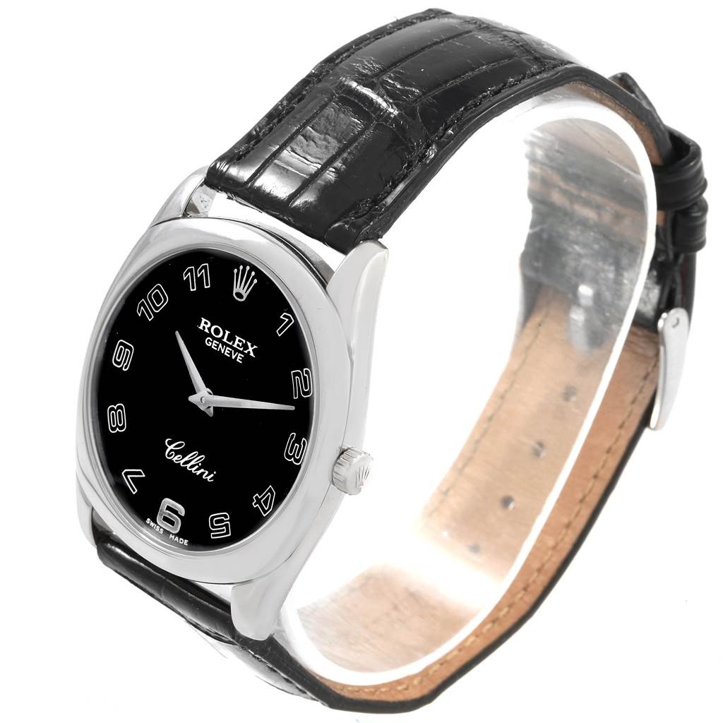 The image shows a Rolex Cellini 4233 Men's White Gold Black Dial 4233 Men's White Gold Black Dial watch from a three-quarter angle, highlighting the black dial, silver case, and black leather strap.