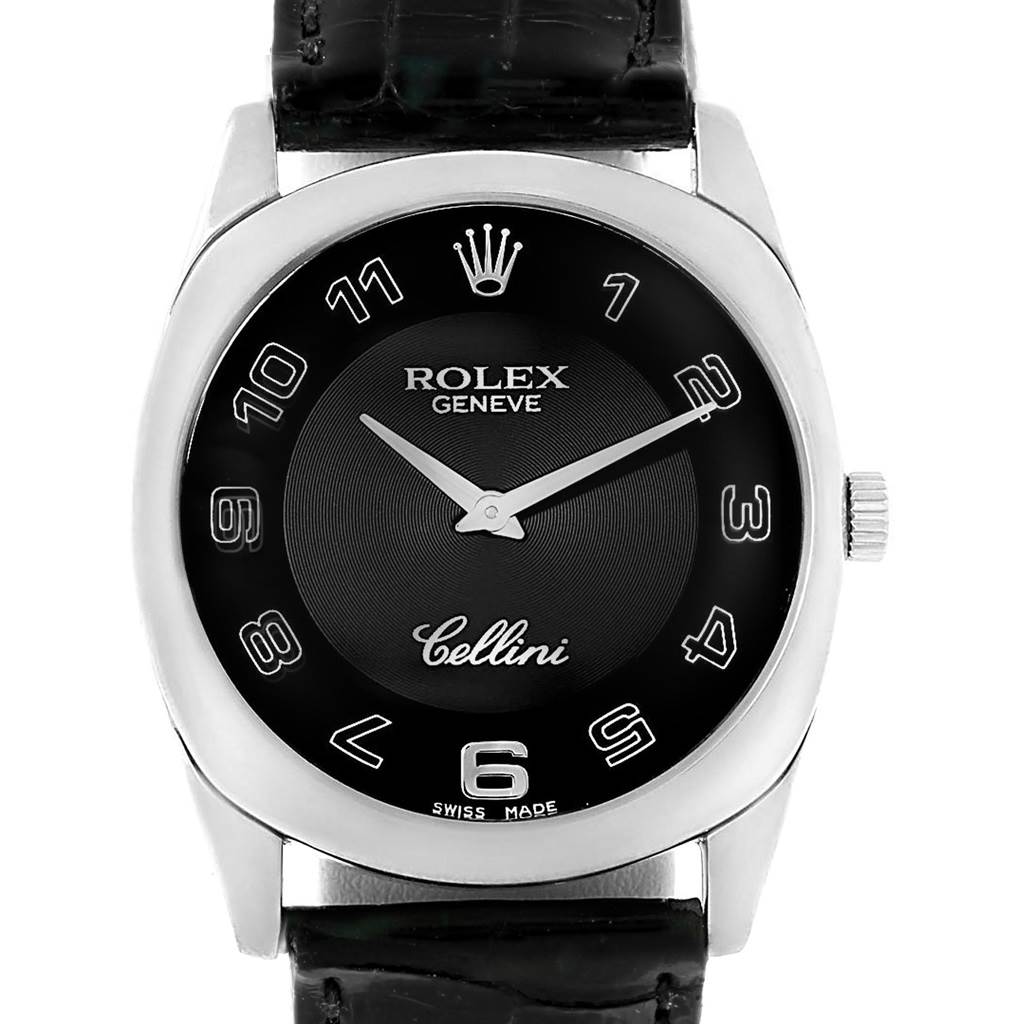 This image shows the front view of the Rolex Cellini 4233 Men's White Gold Black Dial 4233 Men's White Gold Black Dial watch, highlighting its dial, hands, case, and crown.