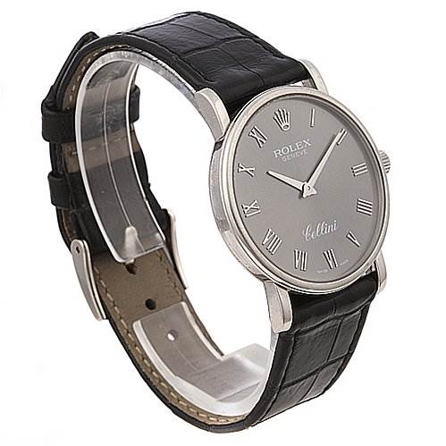 The Rolex Cellini 5115/9 Men
s White Gold Grey Dial 5115/9 Men
s White Gold Grey Dial watch is shown at a slight side angle, displaying the face, strap, and buckle.