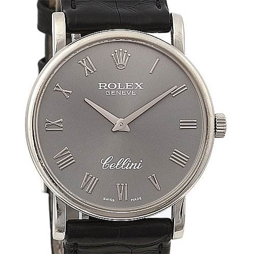 This is a front view of a Rolex Cellini 5115/9 Men
s White Gold Grey Dial 5115/9 Men
s White Gold Grey Dial watch, showing its face, hands, Roman numeral markers, and black leather strap.