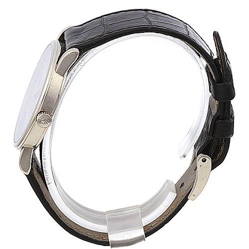 This image shows a side profile of a Rolex Cellini 5115/9 Men
s White Gold Grey Dial 5115/9 Men
s White Gold Grey Dial watch, highlighting the case, crown, and black leather strap with a buckle.