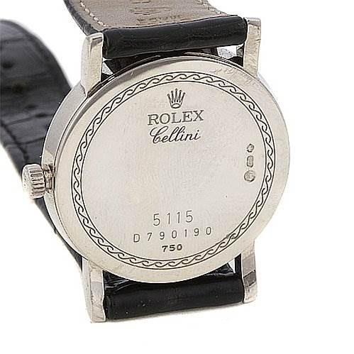 This image shows the back case and strap of the Rolex Cellini 5115/9 Men
s White Gold Grey Dial 5115/9 Men
s White Gold Grey Dial model watch.