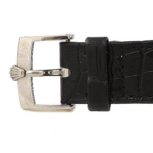 This image shows a close-up of the buckle and strap of a Rolex Cellini 5115/9 Men
s White Gold Grey Dial 5115/9 Men
s White Gold Grey Dial watch.