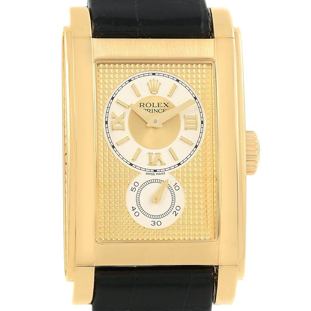 The image shows a frontal view of a Rolex Cellini 5440/8 Men's Yellow Gold Champagne Dial 5440/8 Men's Yellow Gold Champagne Dial watch, showcasing its rectangular gold case, dial, and black strap.