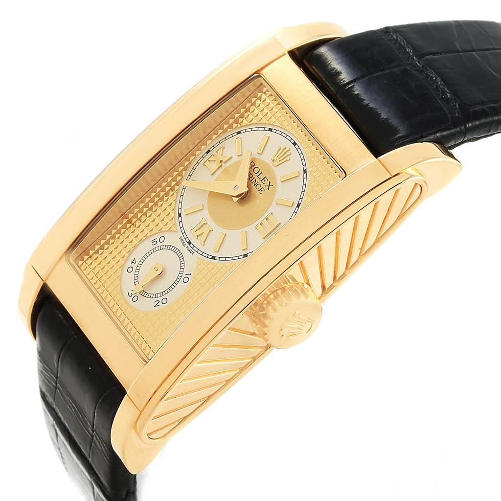 The image shows a side angle of a Rolex Cellini 5440/8 Men's Yellow Gold Champagne Dial 5440/8 Men's Yellow Gold Champagne Dial watch, highlighting the gold case, black leather strap, and crown.