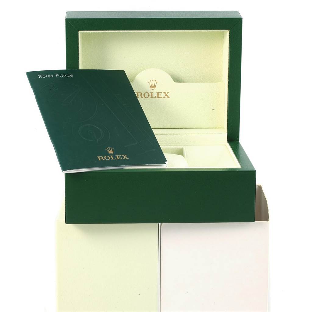 The image shows an open green Rolex Cellini 5440/8 Men's Yellow Gold Champagne Dial 5440/8 Men's Yellow Gold Champagne Dial box and an accompanying manual.