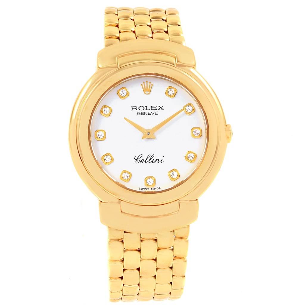 This image shows a front view of the Rolex Cellini 6622 Women
s Yellow Gold White Dial 6622 Women
s Yellow Gold White Dial watch, displaying its face and part of the bracelet.