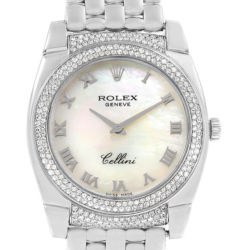 The Rolex Cellini 6321 Women's White Gold Mother of Pearl Dial 6321 Women's White Gold Mother of Pearl Dial watch is shown from the front, displaying its face, bezel, and part of the bracelet.