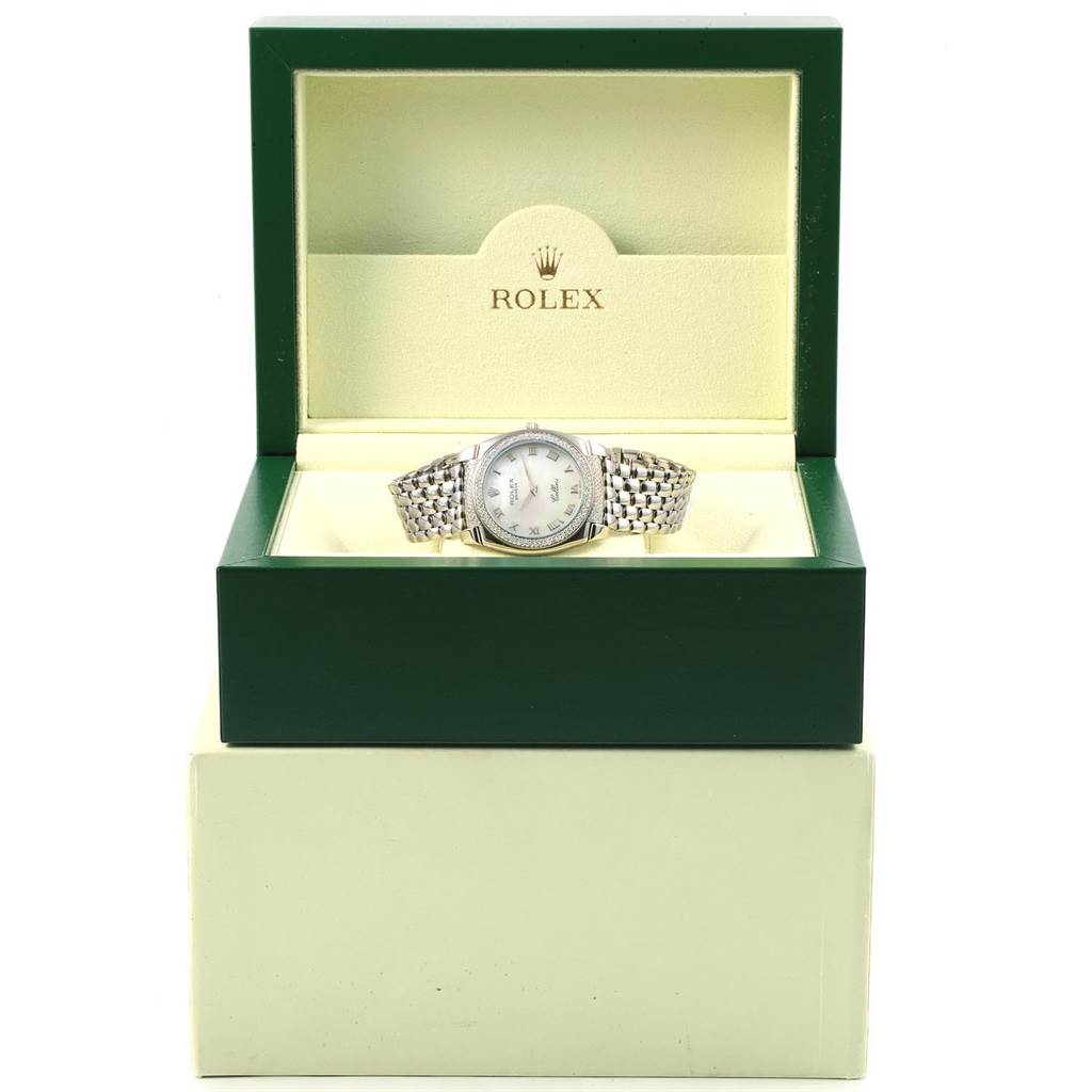 The Rolex Cellini 6321 Women's White Gold Mother of Pearl Dial 6321 Women's White Gold Mother of Pearl Dial watch is shown from the front, seated in an open green Rolex box.