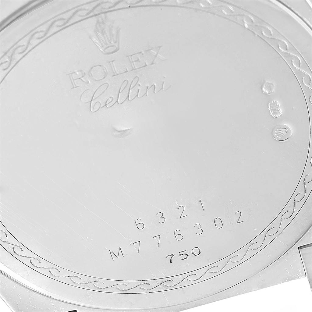 This image shows the engraved back casing of a Rolex Cellini 6321 Women's White Gold Mother of Pearl Dial 6321 Women's White Gold Mother of Pearl Dial model watch.