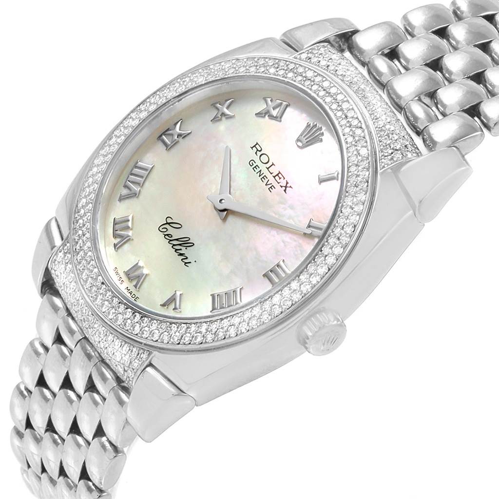 The image shows a close-up angle of the Rolex Cellini 6321 Women's White Gold Mother of Pearl Dial 6321 Women's White Gold Mother of Pearl Dial watch, highlighting its face, bezel, crown, and part of the bracelet.