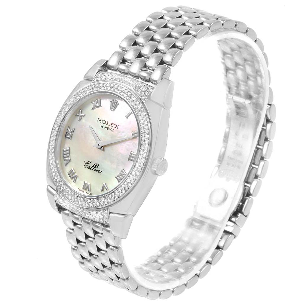 The image shows a Rolex Cellini 6321 Women's White Gold Mother of Pearl Dial 6321 Women's White Gold Mother of Pearl Dial model watch at a slight angle, displaying its face, bracelet, and case with a diamond bezel.
