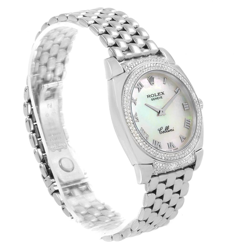 The image shows the Rolex Cellini 6321 Women's White Gold Mother of Pearl Dial 6321 Women's White Gold Mother of Pearl Dial watch at a slight angle, highlighting the face, bezel, and metal bracelet.