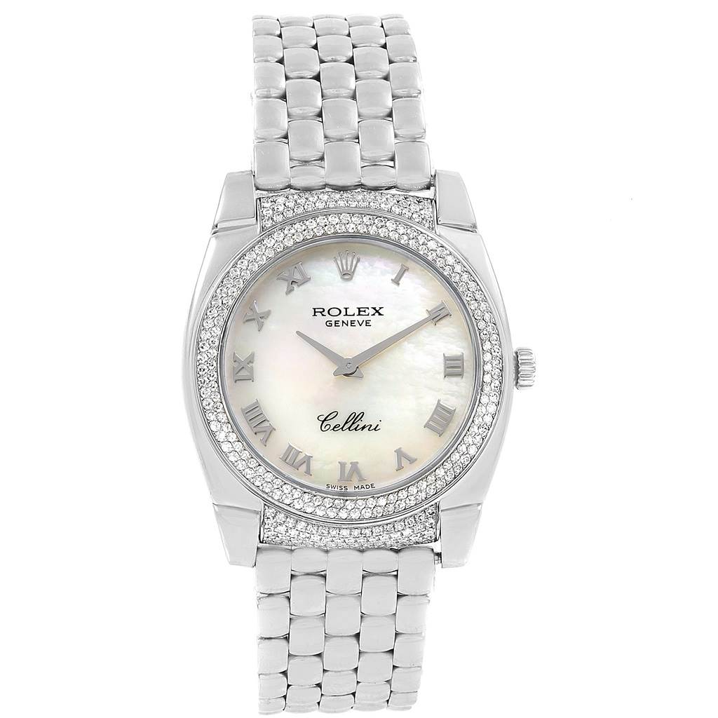 The image shows a front view of the Rolex Cellini 6321 Women's White Gold Mother of Pearl Dial 6321 Women's White Gold Mother of Pearl Dial watch, highlighting its face, bezel, and bracelet.