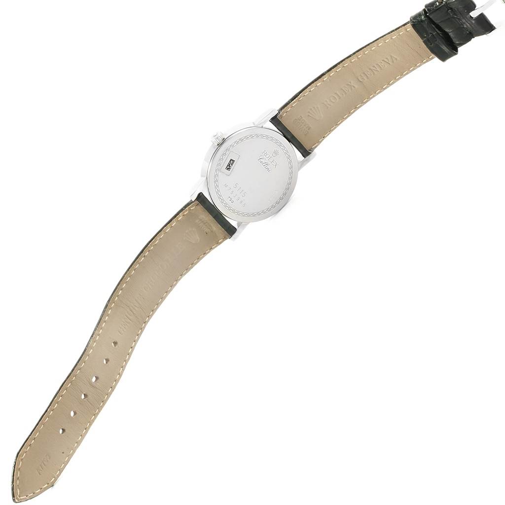 The image shows the back and strap of a Rolex Cellini 5115 Men's White Gold Mother of Pearl Dial 5115 Men's White Gold Mother of Pearl Dial watch, viewed from above.