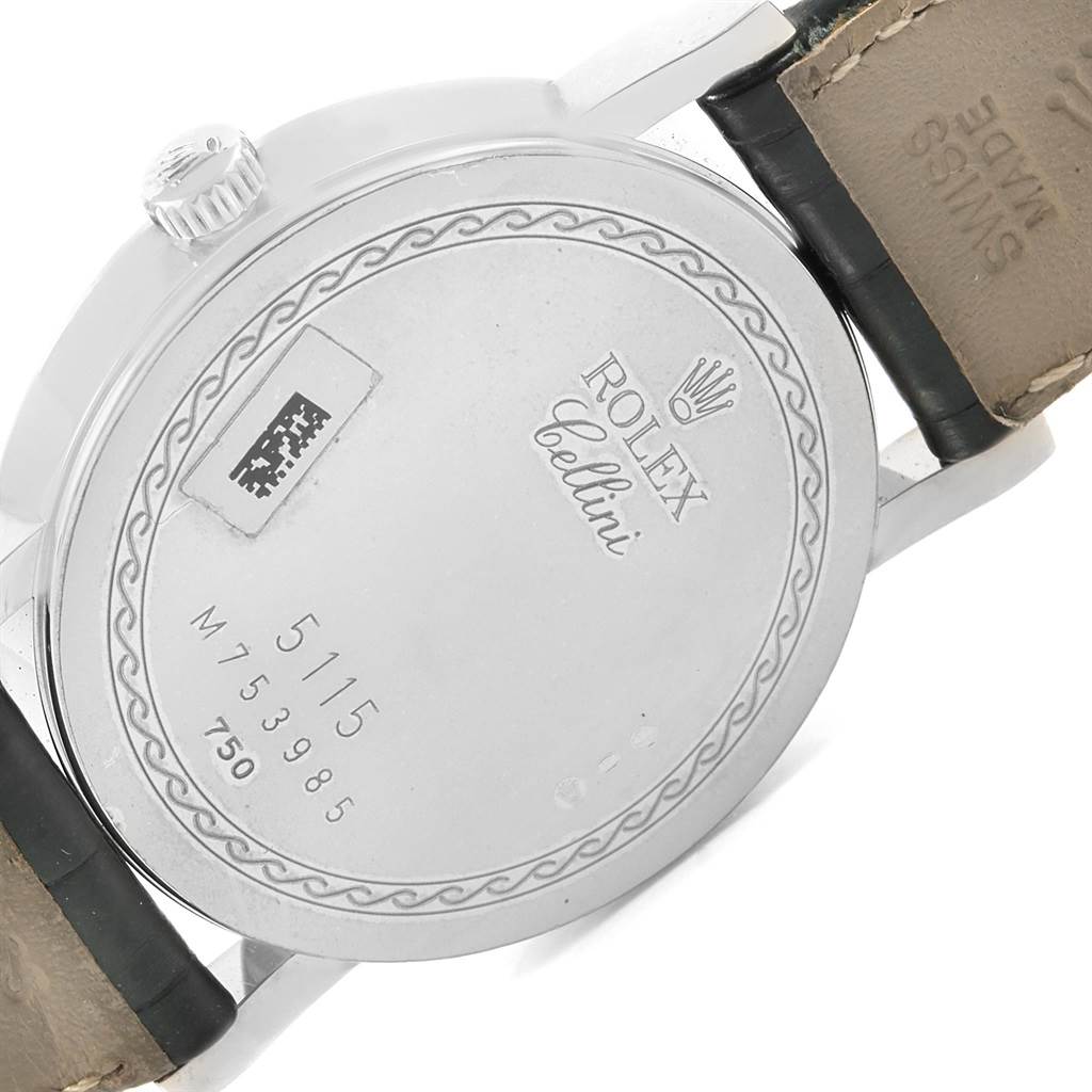 The image shows the back case and part of the strap of a Rolex Cellini 5115 Men's White Gold Mother of Pearl Dial 5115 Men's White Gold Mother of Pearl Dial model watch.