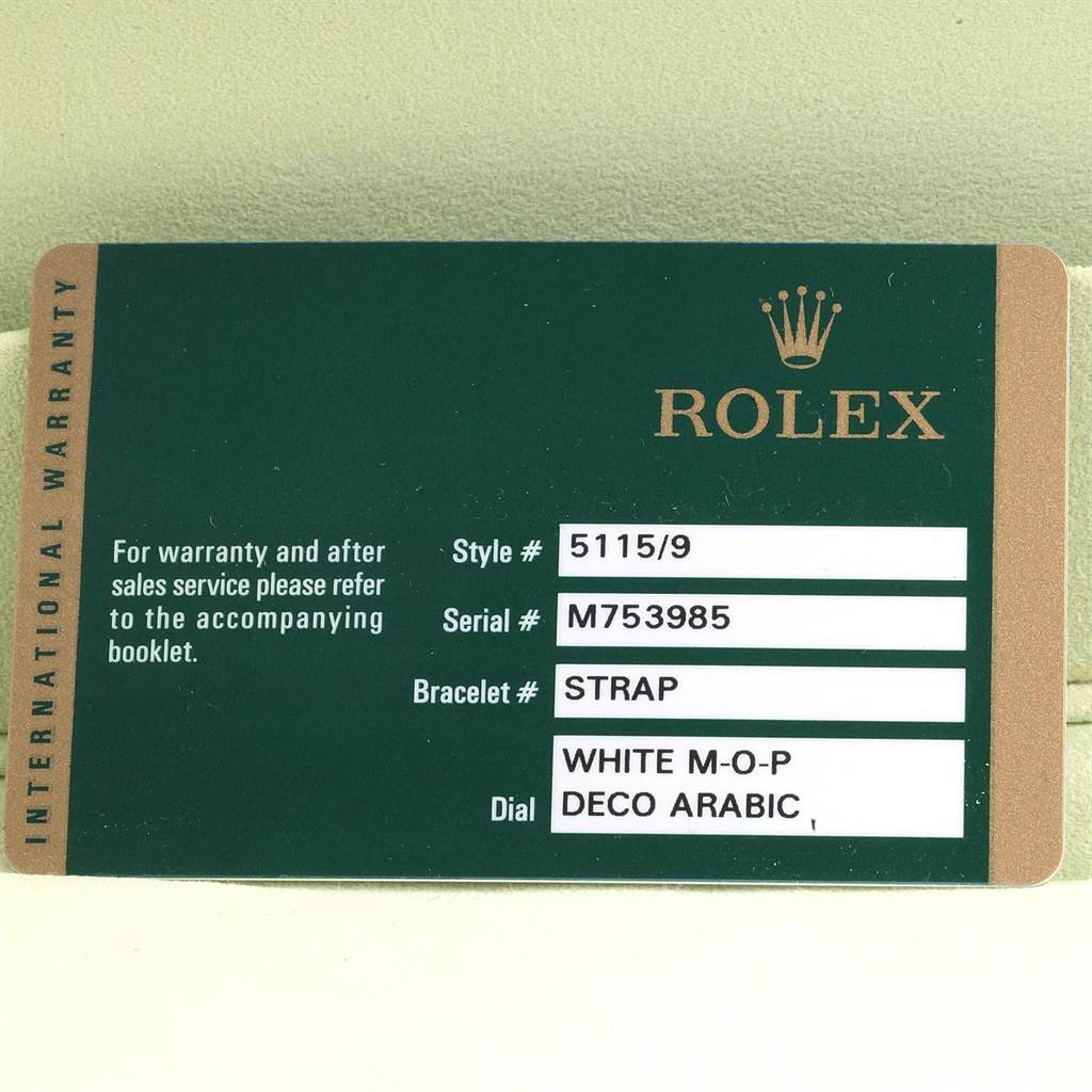 The image shows the warranty card for a Rolex Cellini 5115 Men's White Gold Mother of Pearl Dial 5115 Men's White Gold Mother of Pearl Dial model, specifying style number 5115/9 and white M-O-P Deco Arabic dial.